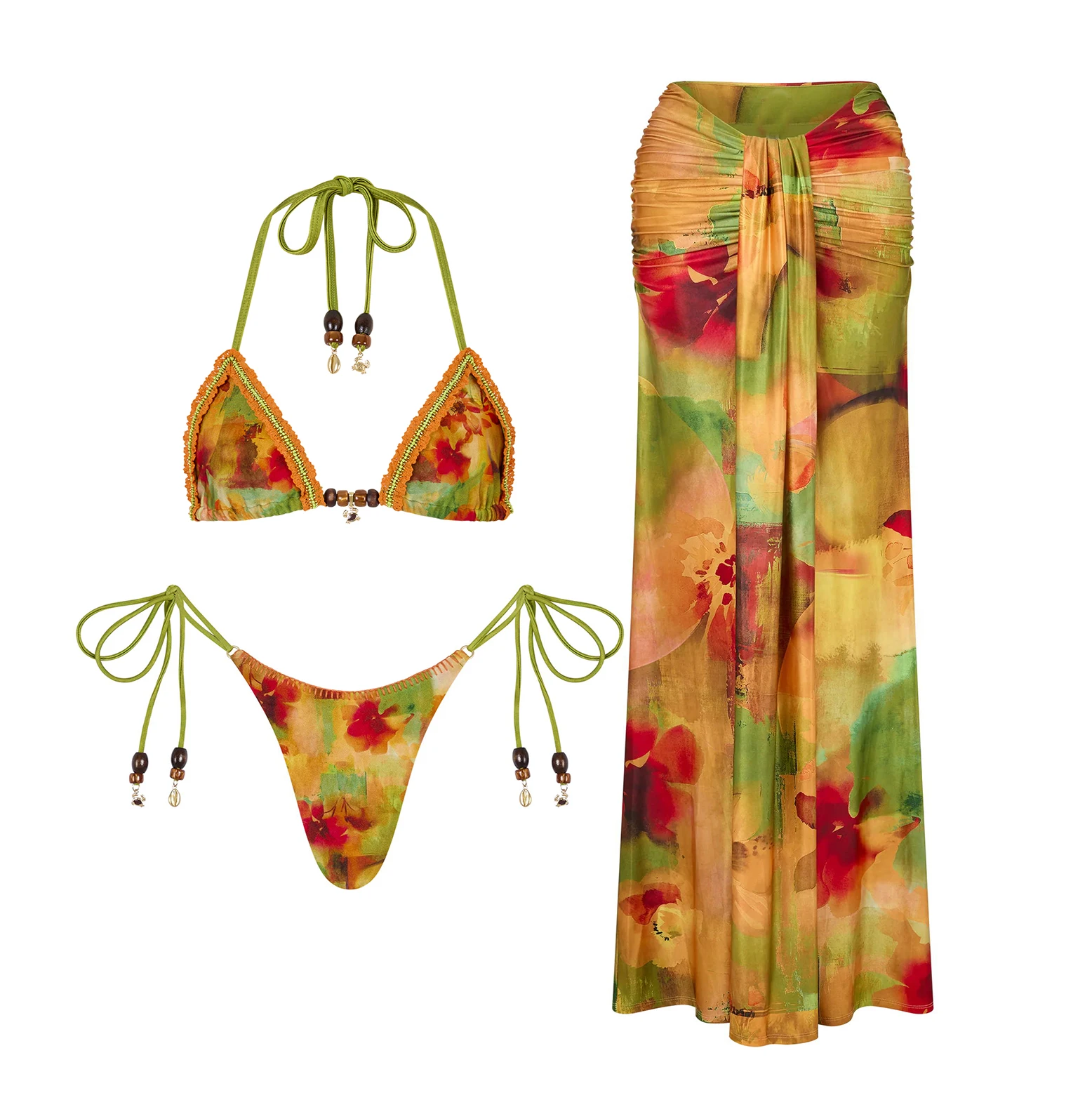 

Купальник-бикини с принтом, 3 предмета: топ-бандо, плавки и длинная юбка-парео. Сексуальный женский купальник пуш-ап для пляжа.