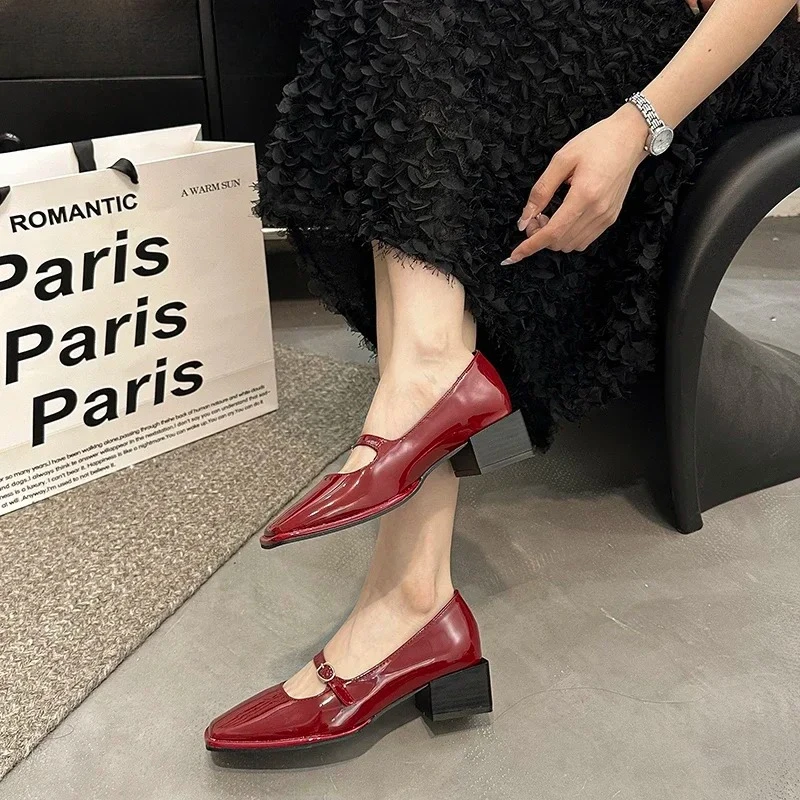 

Новинка 2024, весенние женские туфли Мэри Джейн на толстом каблуке, модные женские элегантные туфли-лодочки с квадратным носком для свадебной вечеринки