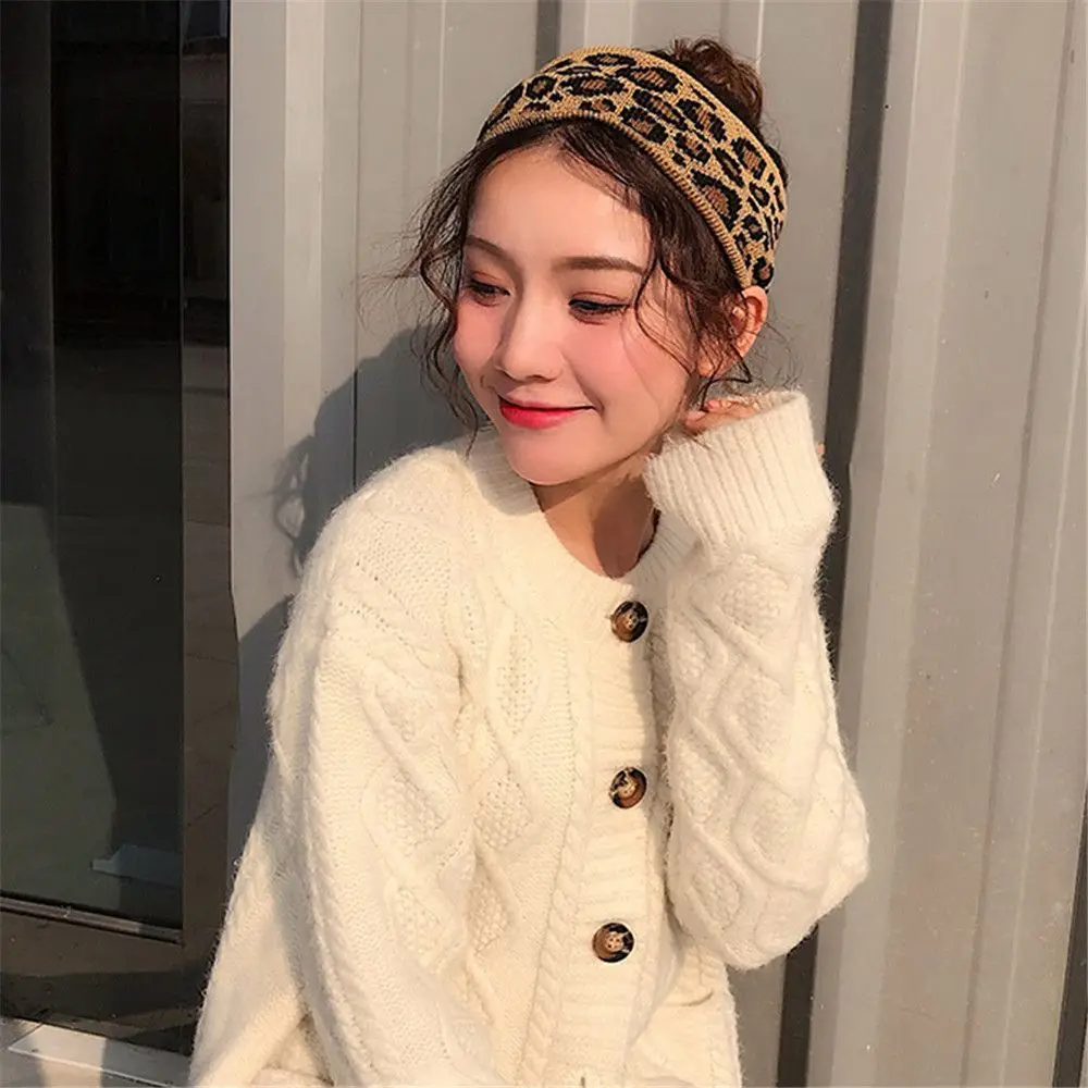 New Hair Styling Winter Warm Leopard Headwear Bowknot Turban Knitted Headband Crochet Head wrap