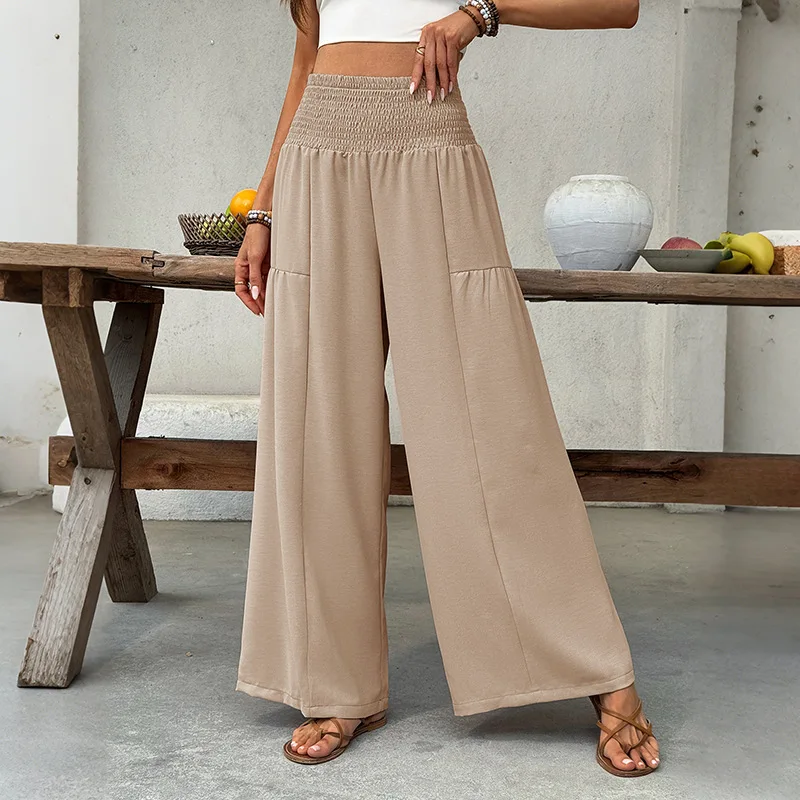 2026 New Casual Minimalist High-Waisted Loose Khaki Elastic-Waist Pleated Wide-Leg Pants