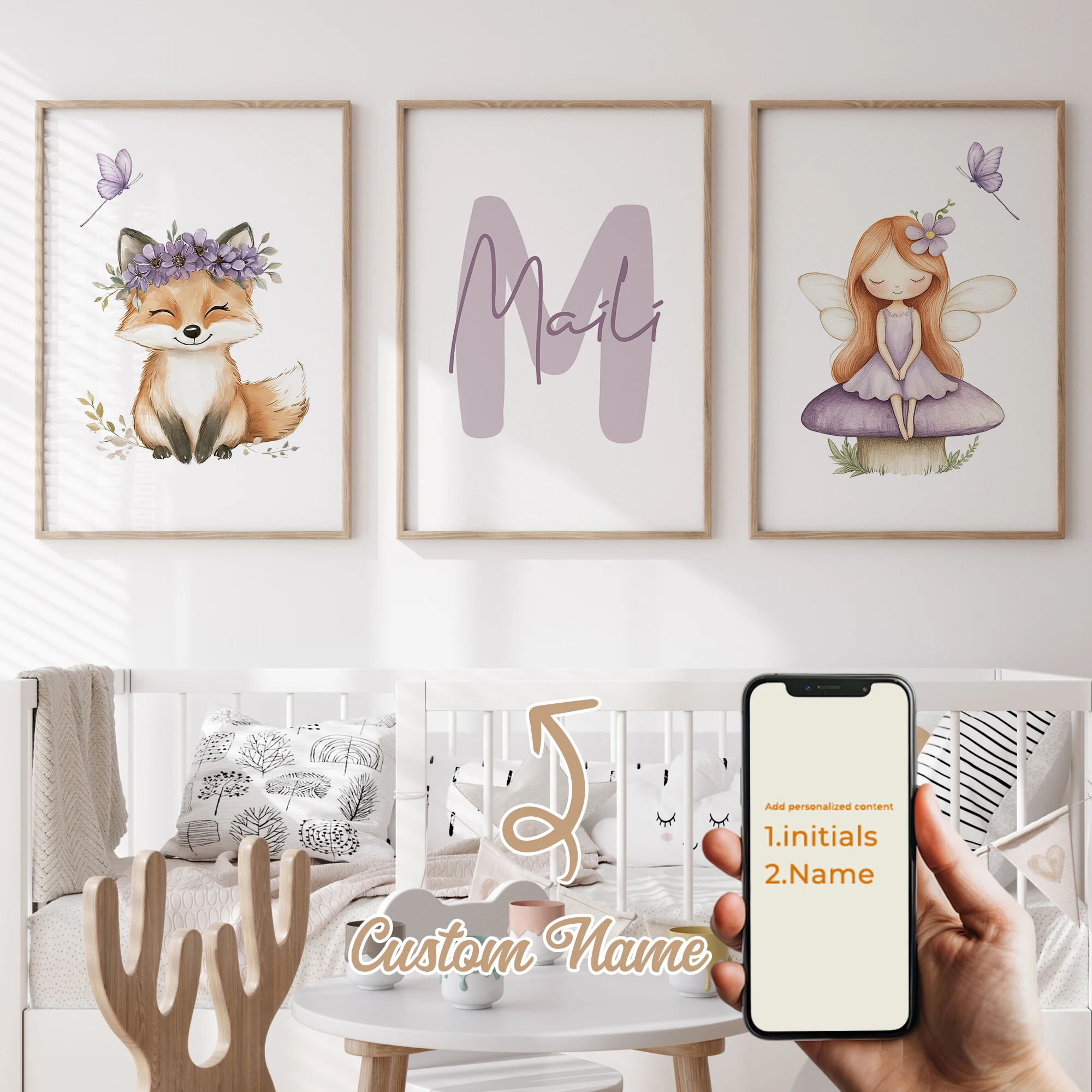 

3pcs Personalized Custom Name Cartoon Fox Girl Wall Art Print Picture Canvas Poster Painting For Living Room Home Decor