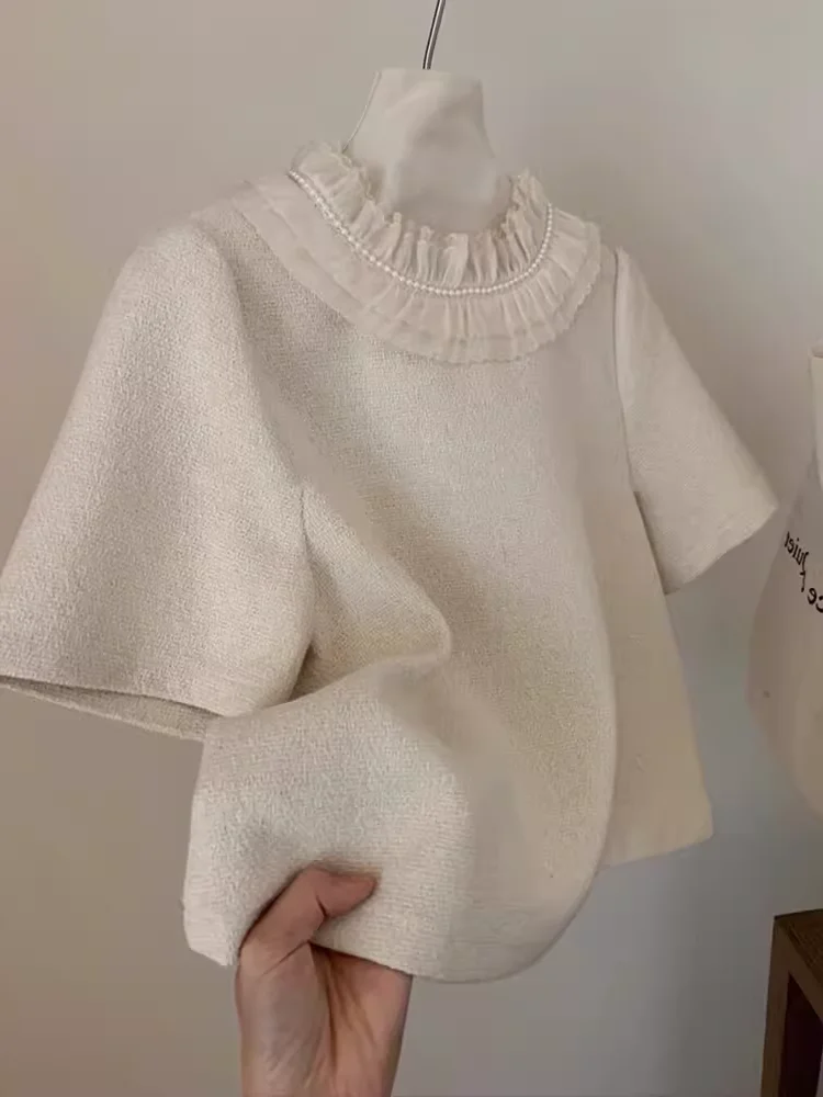 

Ele Lace Trim Stand Collar T-irt Women's Spring Summer 2024 New High-End Sensation White Top Silk Material Straight Cut