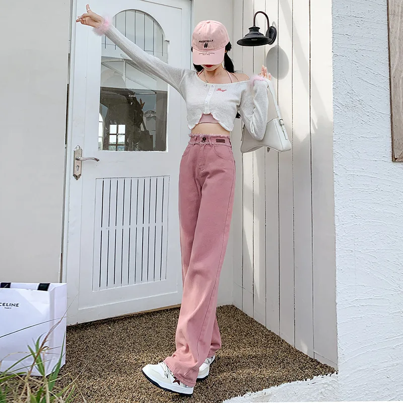 High quality long jeans for women wide leg tassel washing cotton denim casual young ladies vintage trousers - pink