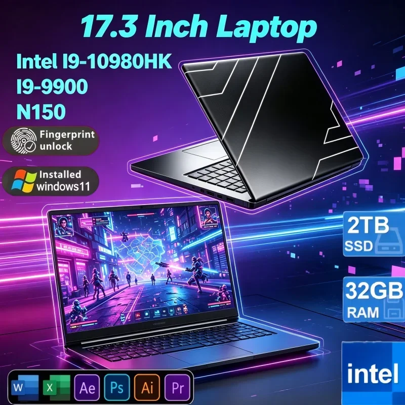 17.3" Ultra Thin Large Screen Laptop 32GB 2TB Windows11 Intel Core I9‑10980HK 9900 N150 Gaming Notebook For Daily Office Travel