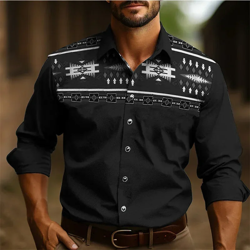 Camisa retro para hombre Ropa étnica Camisa occidental Patrón tribal Retro Negro Gris Ropa de manga larga suave y cómoda Nuevo estilo 2025