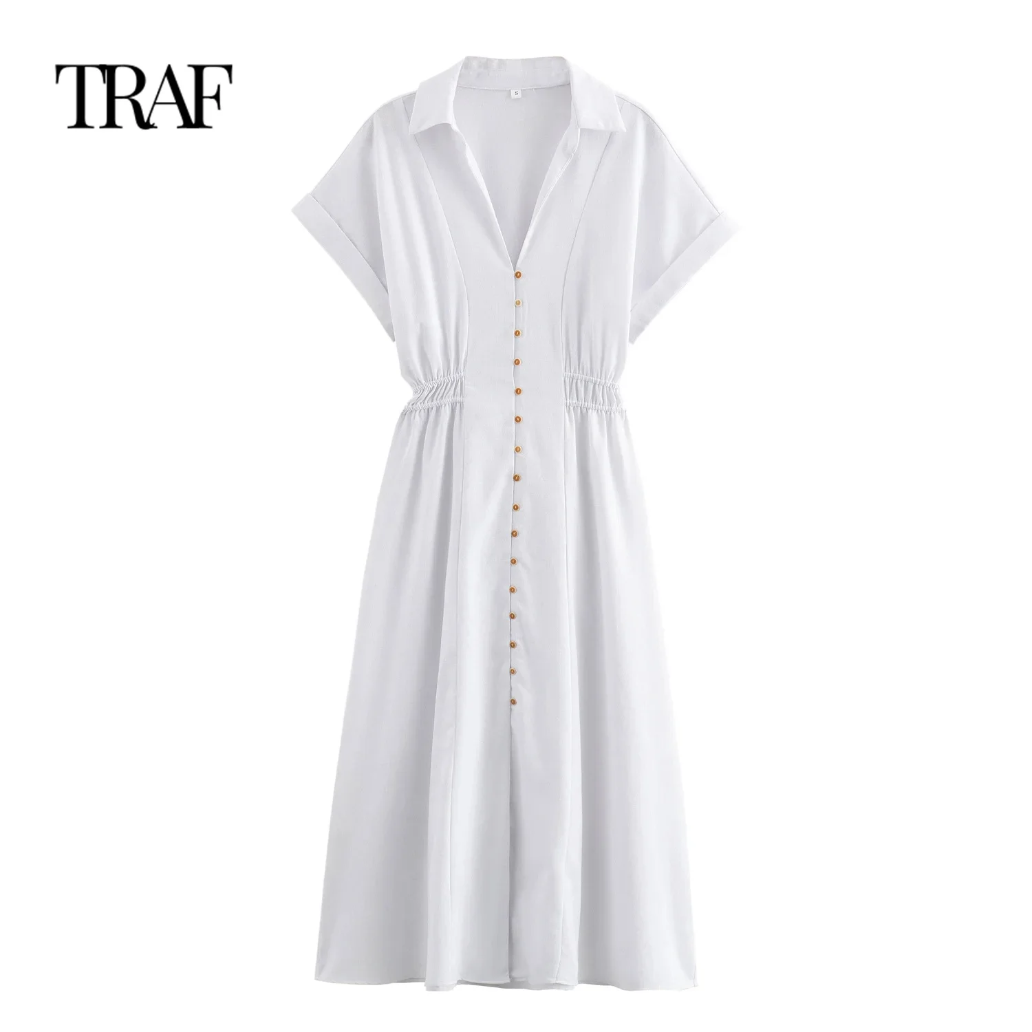 TRAF Women Fashion Summer Linen Blended Short-sleeved Vintage Shirt Style Long Dress Chic Female France Evening Clothing Mujer