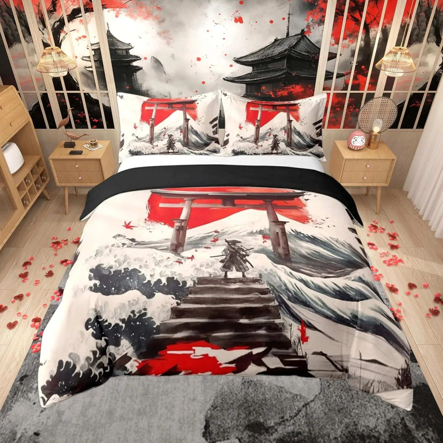 Japanese Ukiyoe Duvet Cover Set Double Size Anime Bedding Set 3D Waves Samurai Red Sunset Cover With 2 Pillowcases