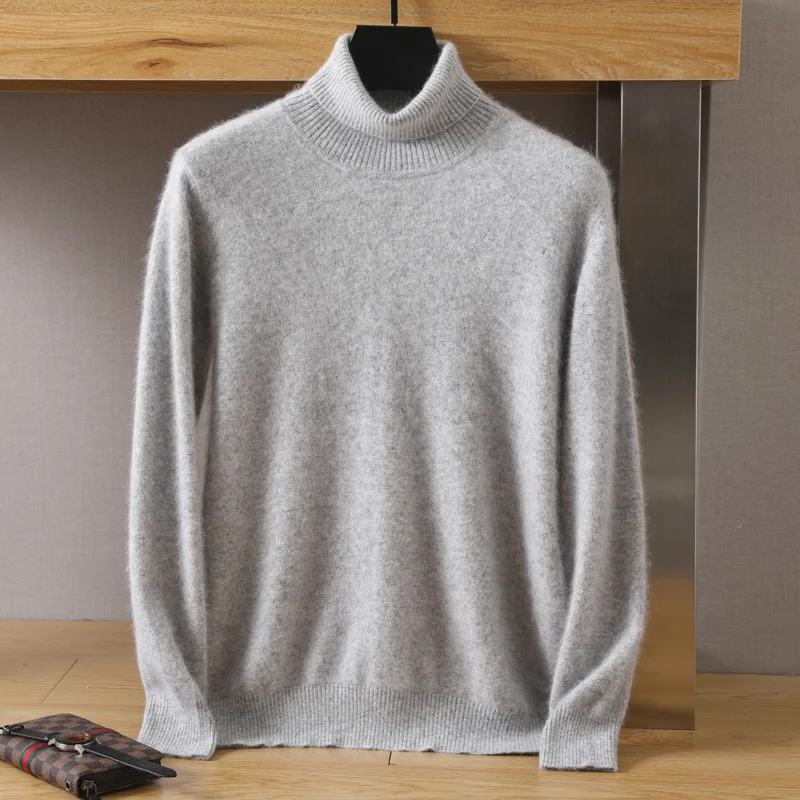 Autumn and winter new men's 100% pure mink velvet high lapel solid color long sleeve thick business loose knit pullover