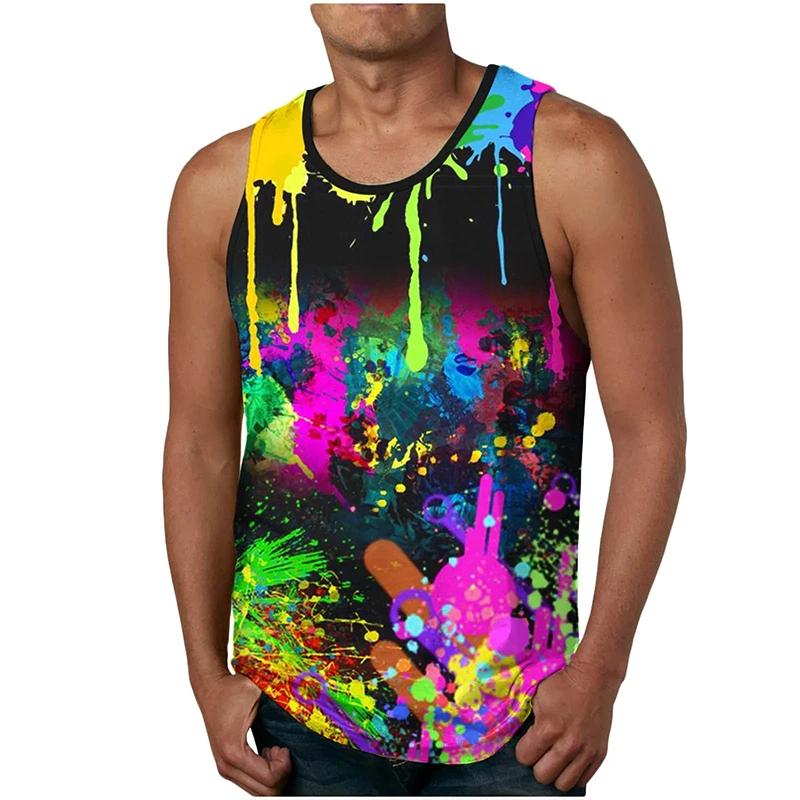 Rainbow Graffiti Tank Tops Graphic 3D Print Men's O-Neck Fitness Gym Vest Streetwear Oversized Sleeveless Beach Top Man Clothing