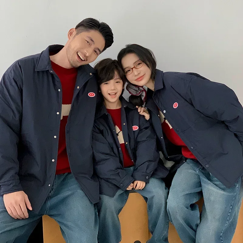 

2025 Winter Korean Style Padded Shirt Collar Jacket Family Set Parents & Kids Warm Cotton Lined Coat Mother Son Daughter Clothes