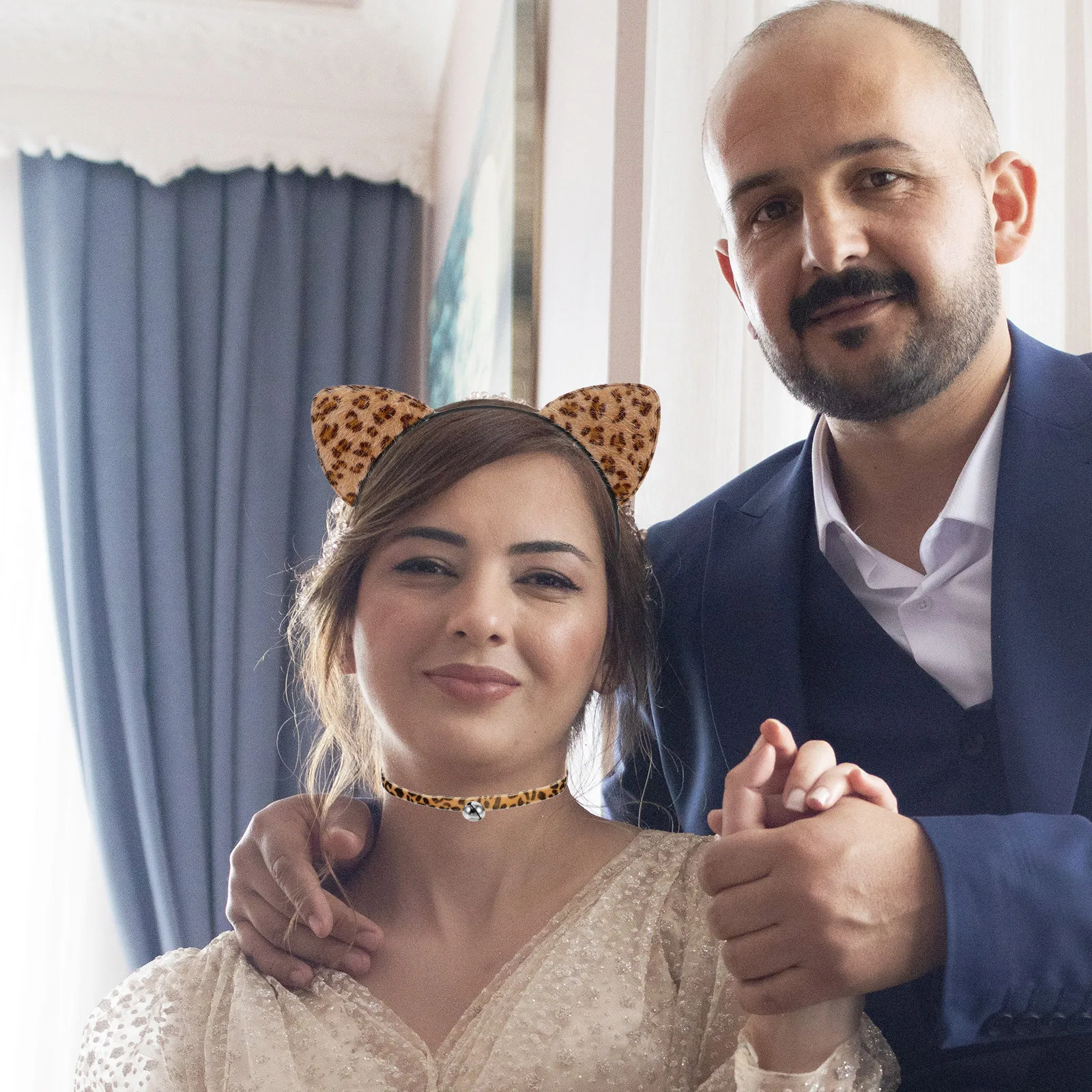 1 مجموعة آذان القط عقال ليوبارد طباعة خمر حزب اللباس متابعة التبعي خفيفة الوزن المختنق قلادة للنساء آذان الحيوان الشعر