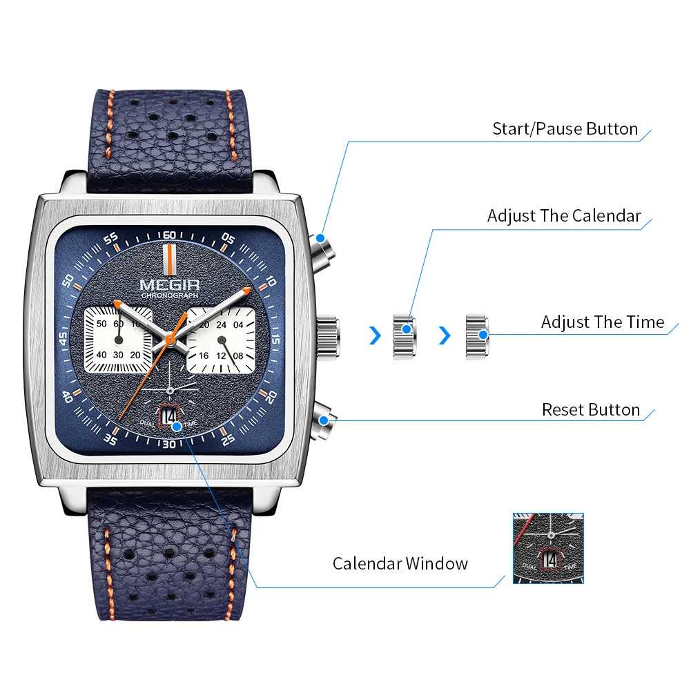 MEGIR Fashion Men Business Watches Chronograph Leather Strap Sport Military Wristwatch Luminous Clock 24-hour Reloj Hombre 2182