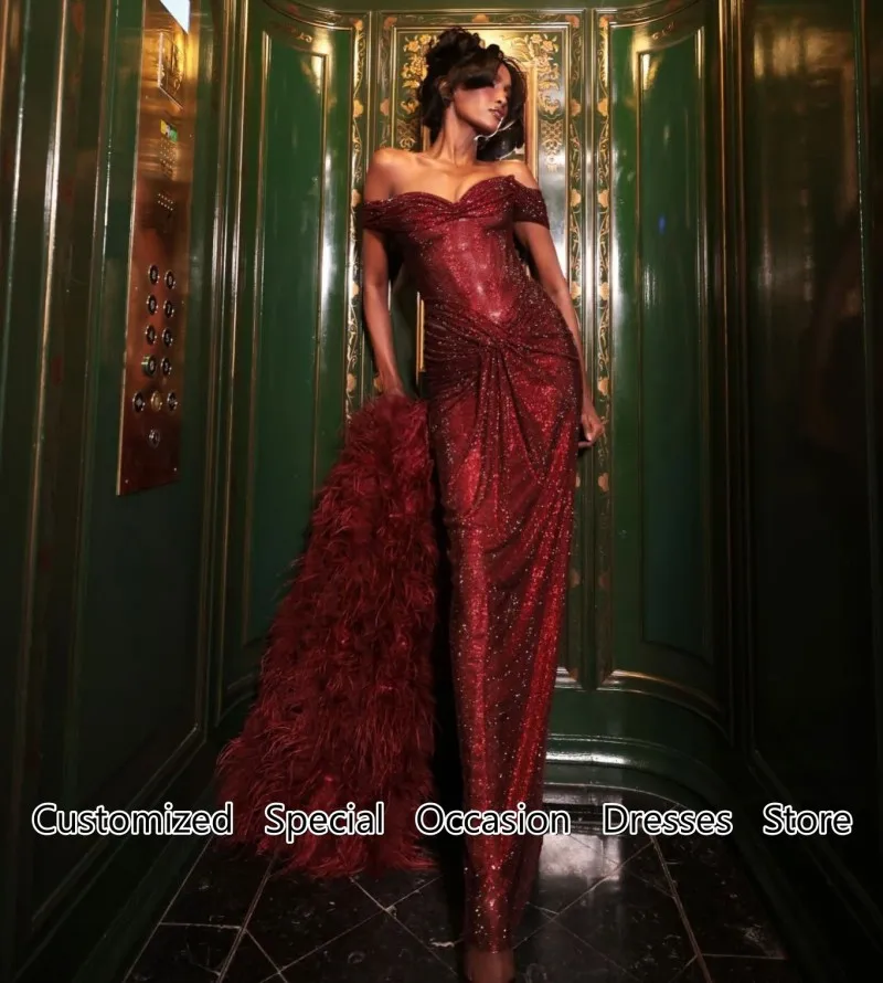Generous Red Evening Gown Mermaid Off Shoulder Bling Sequins Pleated Wedding Party Dresses For Girls Prom Dress Long Customized
