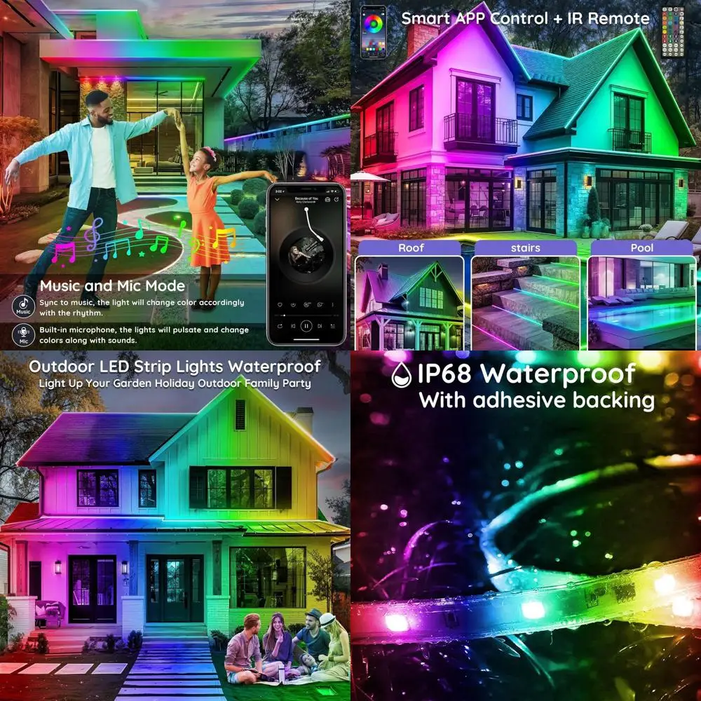 

Уличные светодиодные ленты 30 м (100 футов) IP68 водонепроницаемые, RGB с синхронизацией музыки через приложение и пульт ДУ, самоклеящиеся для террас и крыш