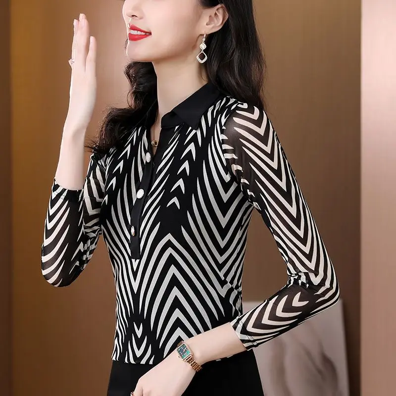 Women Korean Fashion Striped Print Elegant Blouses Office Lady Turn Down Collar Casual Button Shirts Long Sleeve Slim Tops Blusa