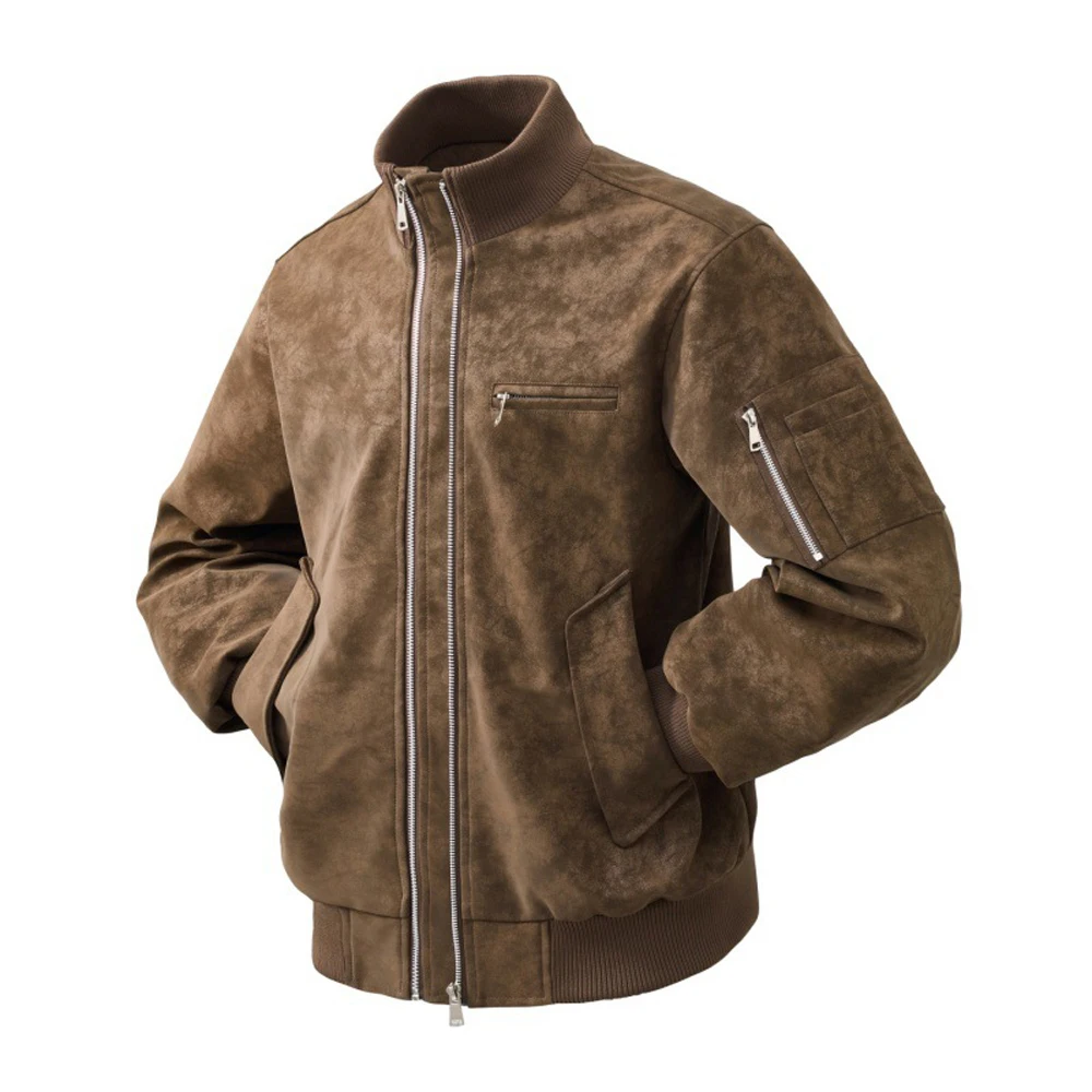 Autumn Men's Faux Suede Leather Jackets Fashion Men Stand Collar Motorcycle Zipper Leather Coats Men Windbreaker Cargo Jacket