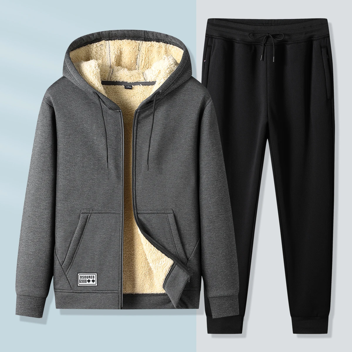 

Autumn and Winter Windproof Sets New Arrived Middle Aged and Elderly Leisure Sports Sets Men Lamb Cashmere Set 2PC Hooded Sets