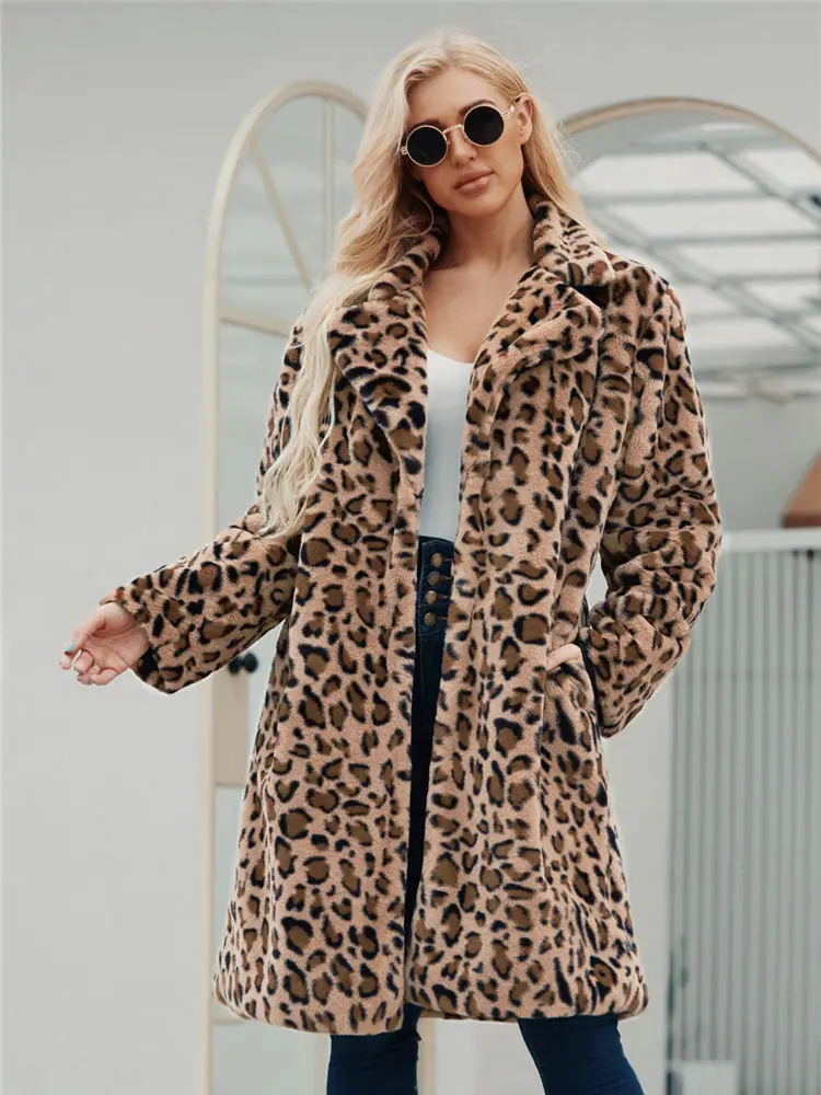 Women Winter Leopard Coat Faux Fur Long Fleece Sweater Lady Faux Mink Cardigan Plus Size 3XL High Quality Fluffy Robe