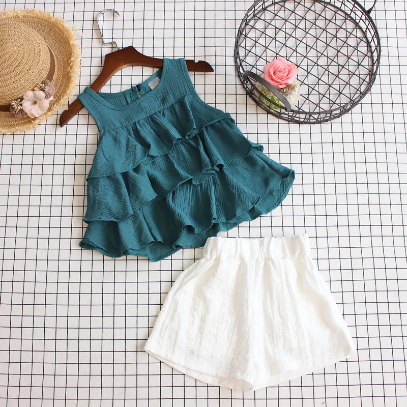

Girls Suit Children's Cute Multi-layer Ruffle Doll Shirt+Solid Color Shorts Two-Piece Set