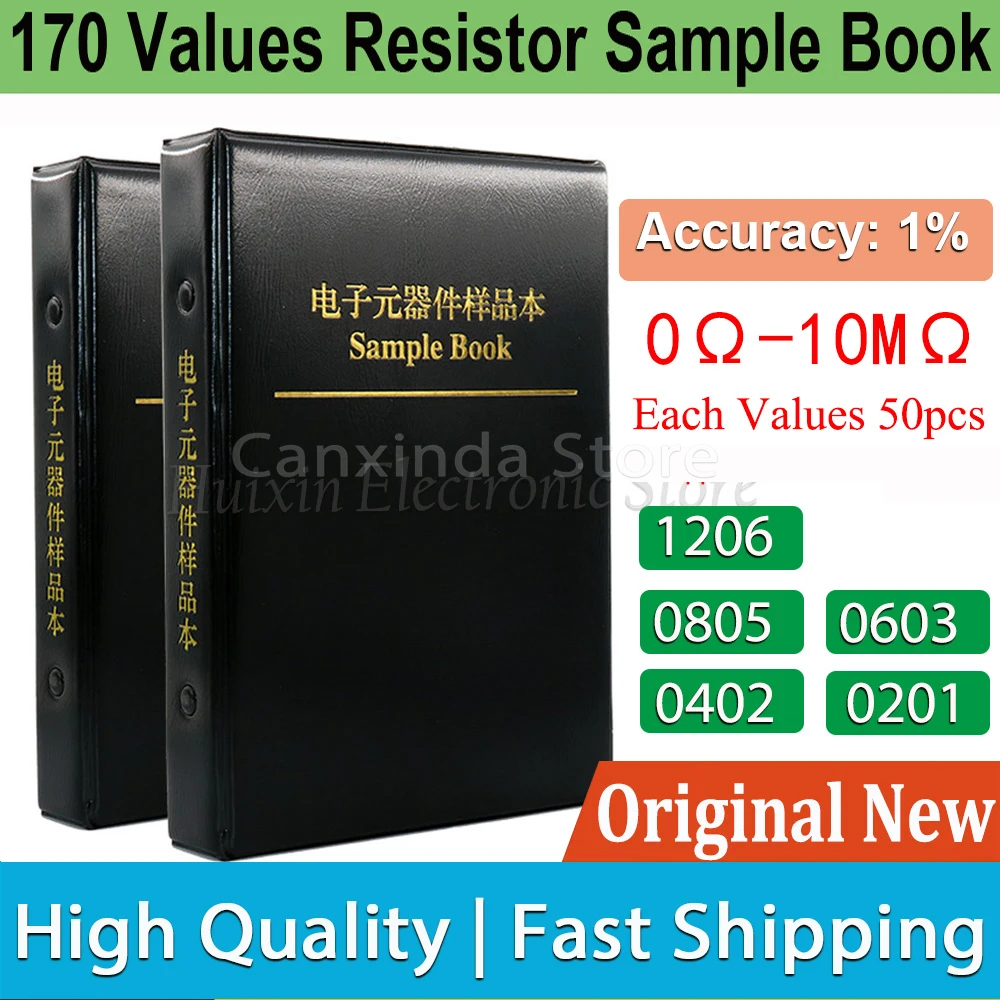 Resistor SMD Libro de muestras Kit surtido de resistencias de chip 0201 0402 0603 0805 1206 Precisión 1% SMT 170 valores cada 50 piezas 0R-10M Ohm