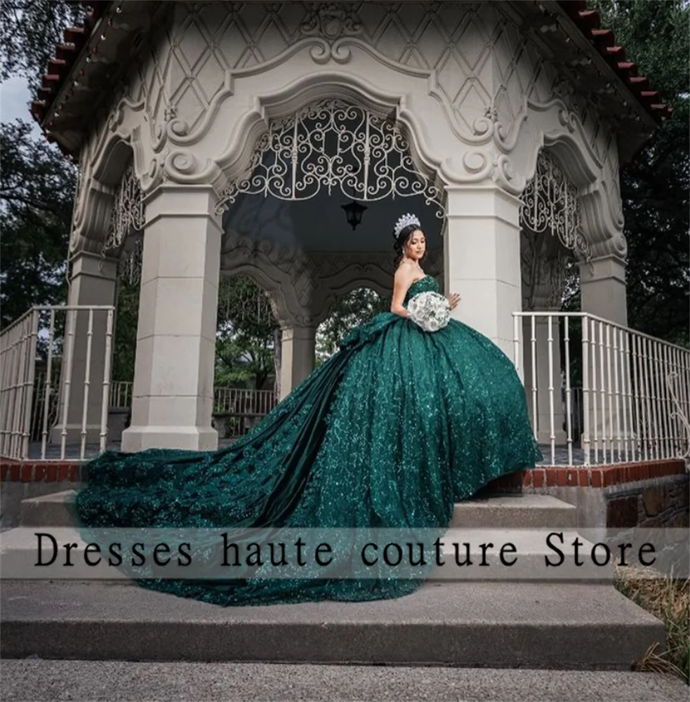 Emerald Green Lace Ball Gown Quinceanera Dresses 2025 With Bow Beaded Appliques Sweet 16 Dress  Vestidos De 15 Años Customized