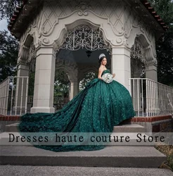 Emerald Green Lace Ball Gown Quinceanera Dresses 2025 With Bow Beaded Appliques Sweet 16 Dress  Vestidos De 15 Años Customized