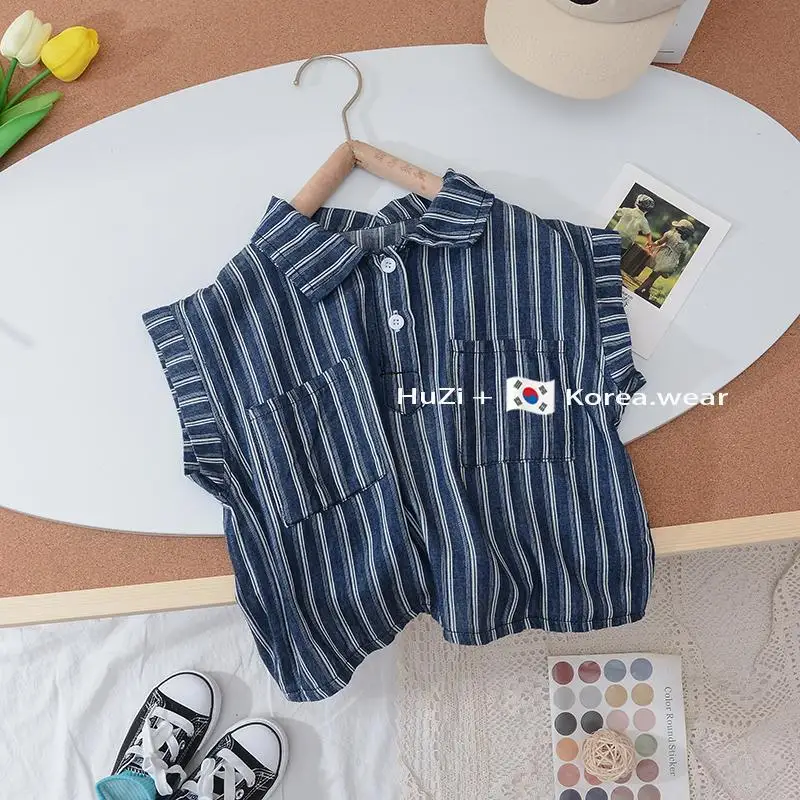 Ensemble 2 pièces en denim rayé pour bébé garçon de 1 à 9 ans, tenue d\'été à la mode coréenne