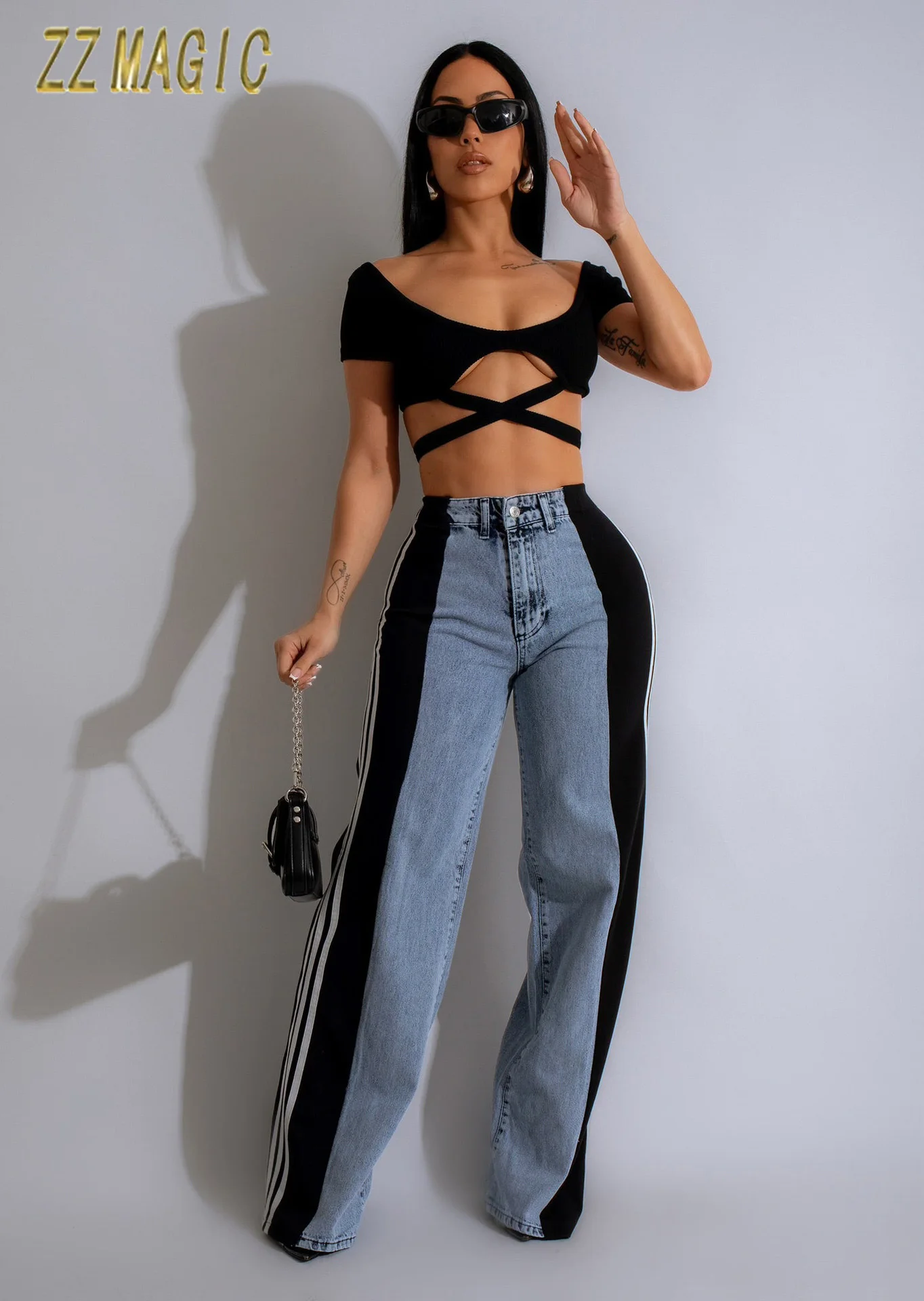 Straight Leg Versatile Casual Patchwork Jeans High Waist Wide Leg Washed Denim Pants Women Y2k Vintage Streetwear Long Trousers