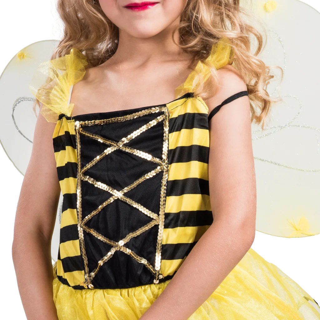 Girls Bumble Bee Costume Kids Bee Fairy Dress with Bee Antenna Headband and Bee Wings for Halloween, Party Dress Up Set