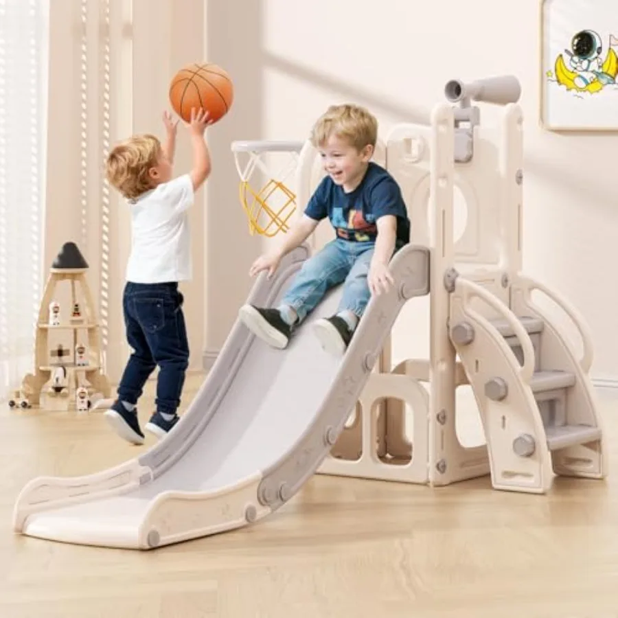 

Toddler Slide 6 in 1 Indoor Slide for Toddlers 1-3 Baby Indoor and Outdoor Climber Playset Slide with Basketball Hoop and Teles