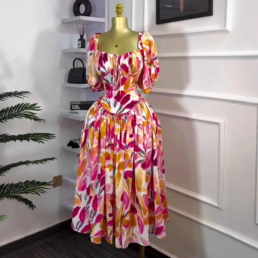 

Women Floral Printed Lantern Half Sleeve Tie Up Long Maxi Dress 2025 Birthday Evening Sexy club Party Dresses Vestidos