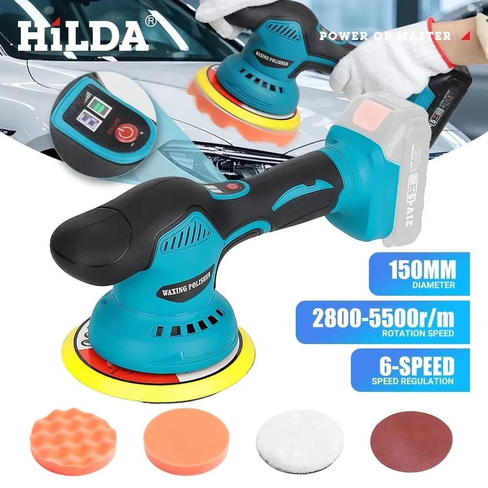 

HILDA Cordless Electric Polisher 6-Gear Digital Display Car Waxing and Polishing Machine for Makita 18V Battery