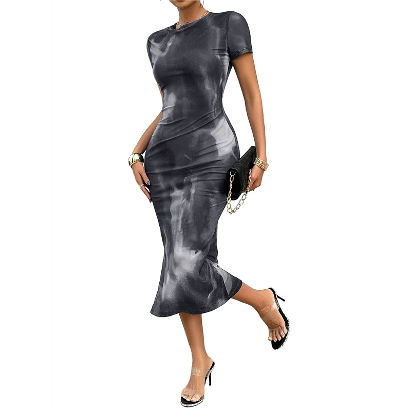 NEU – Damen-Kleid mit Batikmuster, Rundhalsausschnitt, figurbetont, kurzen Ärmeln und langen Kleidern