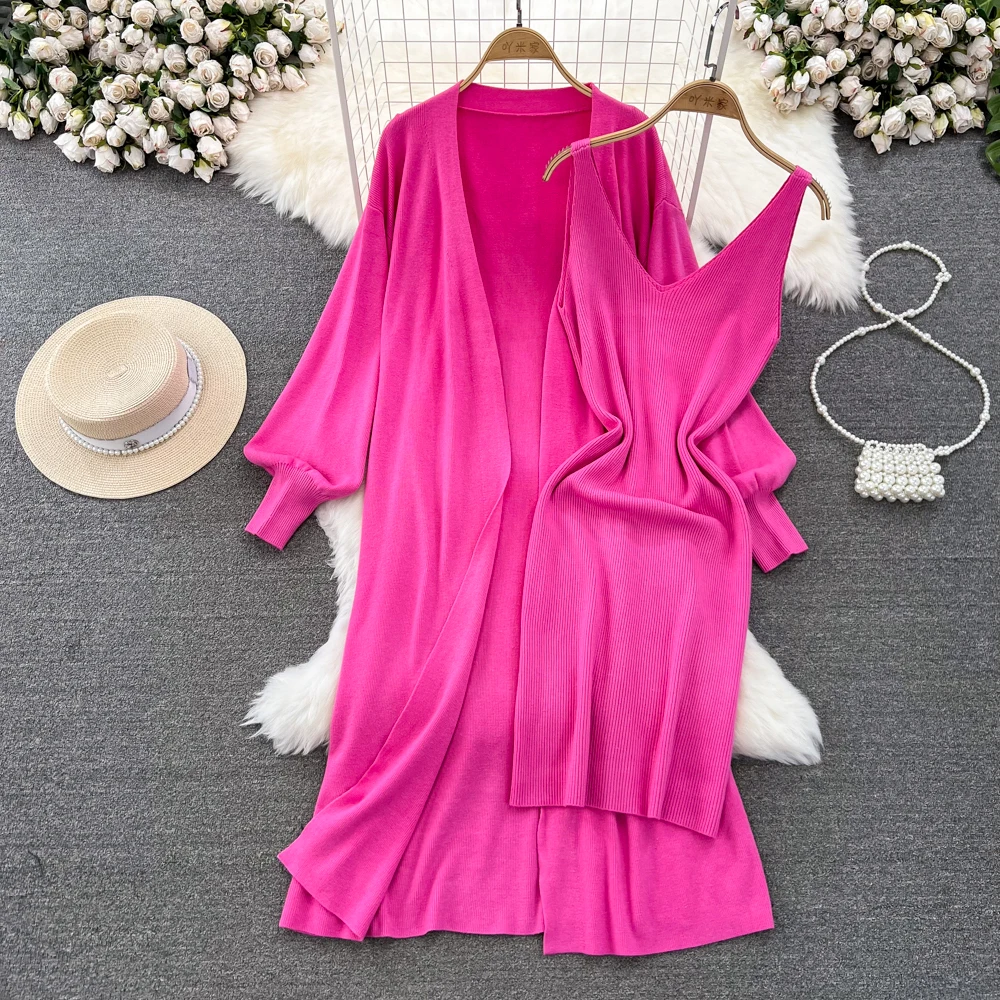 

Women's Loose Long Lantern Long Sleeved Knitted Cardigan Jacket+V-neck Waist Cinched Dress Two-piece Set