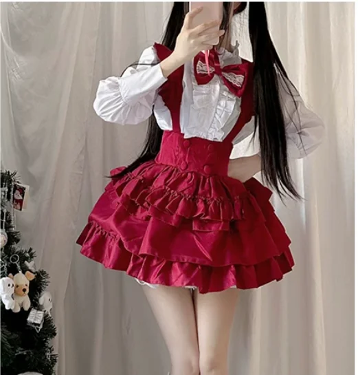 Lolita Anime Cos Sets Ruffles Stand Collar Long Sleeve White Shirt Fashion High Waist A-line Versatile Age Reduction Cake Skirt view 6