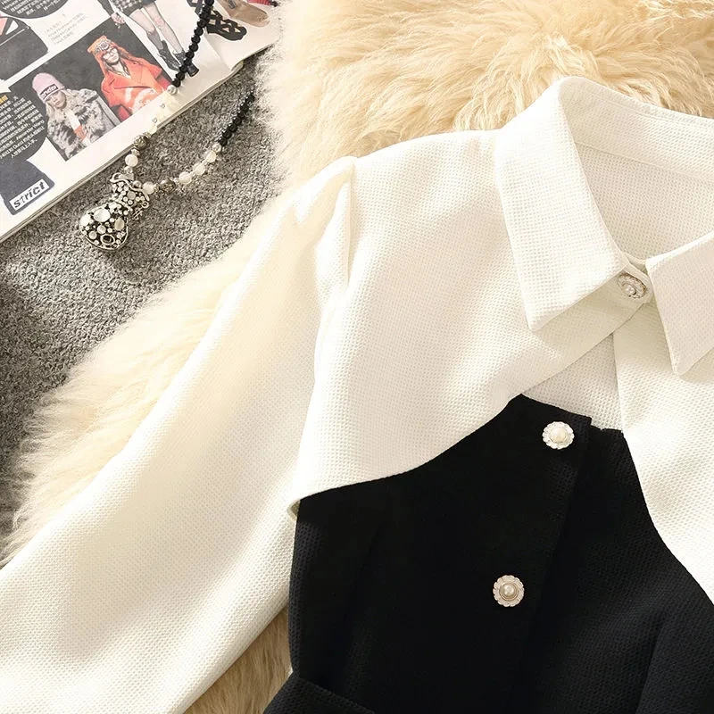 Shirts and Blouses Stitching Fake Two-piece Long-sleeved Loose Shirt Womens Early Spring Retro Loose Waist Slimming Top Cardigan