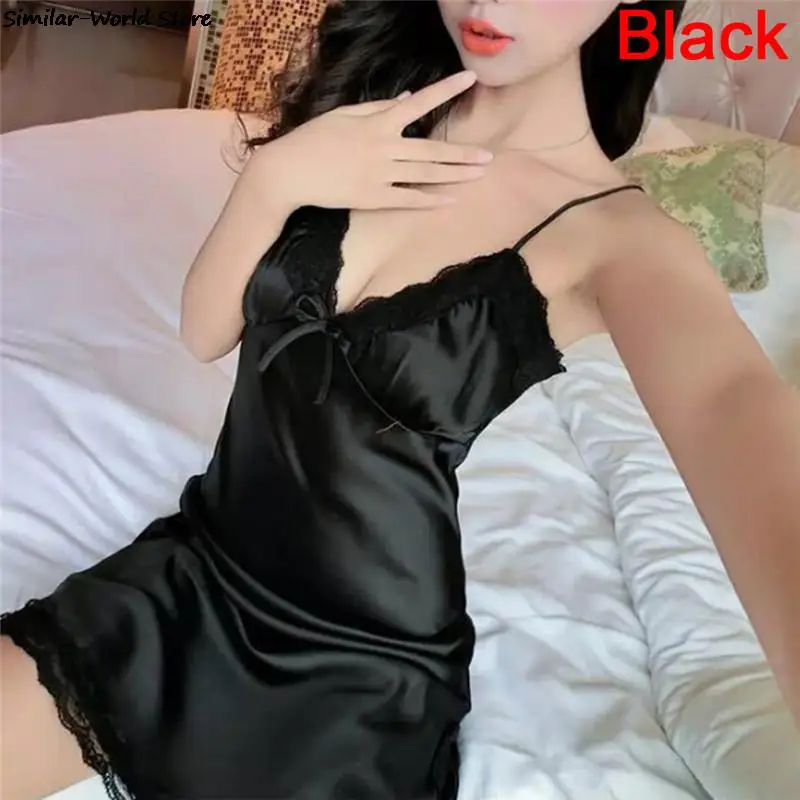 New Ladies Silk Sling Nightdress Women\'s Sexy Lingerie Satin Sleepwear Lace Cup V-neck Nightwear Homewear 2022