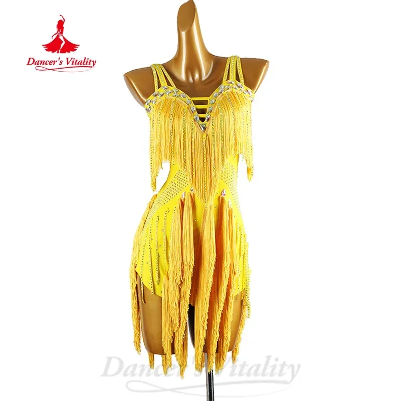 Latin Dance Competition Clothing Customized Luxury Diamond Tassel Dress Adult Children Tango Samba Rumba Performance Costume