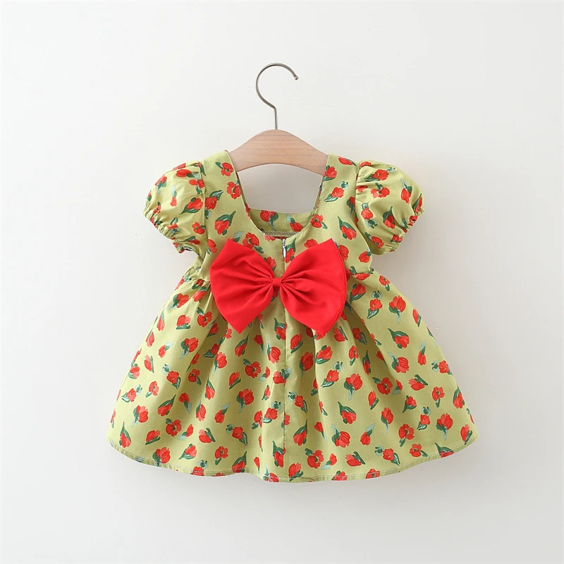 (0-3 Years Old) Baby Girl Cotton Flower Printed Short Sleeved Dress Cute Girl Bow Princess Dress