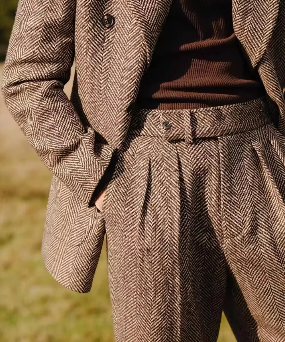 Setelan Jas Pria Herringbone 2 Potong Model Lapel Double Breasted Tuxedo Blazer Celana untuk Pesta Bisnis, Set Jas Jahit Khusus Laris Manis