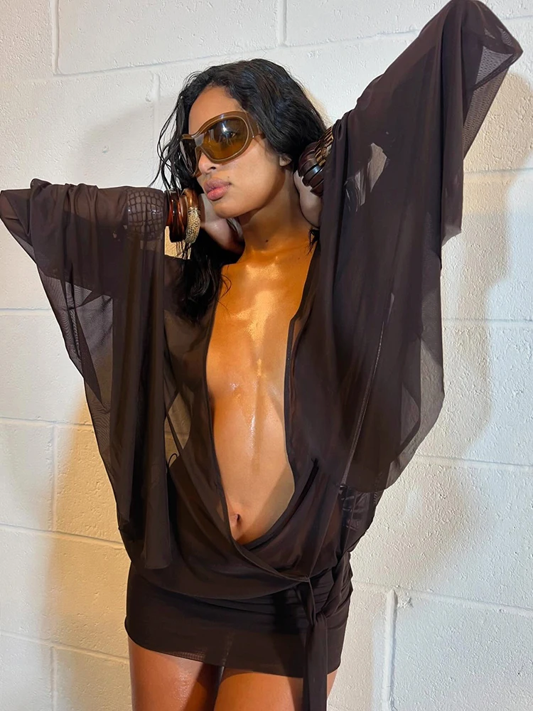 

Sisjuly Sexy Deep V Ne See tough Long Sve Bal Dr ort Skirt Women's Faion High Waist Polyester Summer Dr