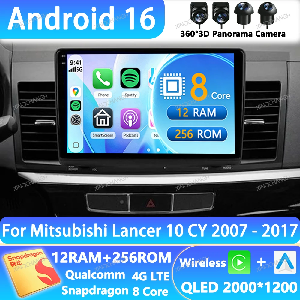 Android 16 Car Radio For Mitsubishi Lancer 10 CY 2007 - 2017 GPS Multimedia Stereo Video Player Qualcomm Head Unit BT QLED 2DIN