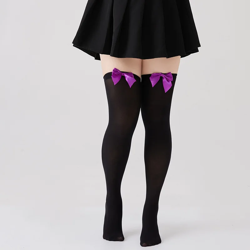 

Purple Bow Sexy Stockings For Women 80D Velvet Knee-Over-Socks Female Elastic Sweet Long Socks Comfor Patchwork Color Stockings