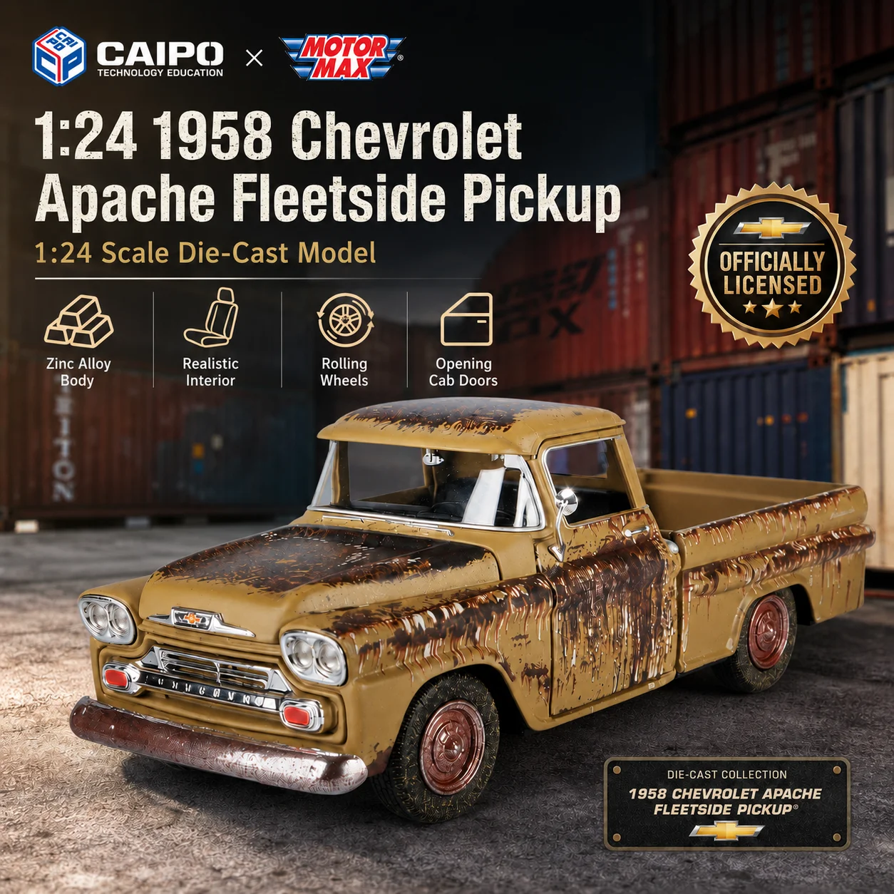 MOTORMAX 1/24 Camioneta Chevrolet Apache Fleetside 1958, Coche de Juguete de Metal Fundido a Presión, Miniatura con Sonido y Luz, Regalo, Colección