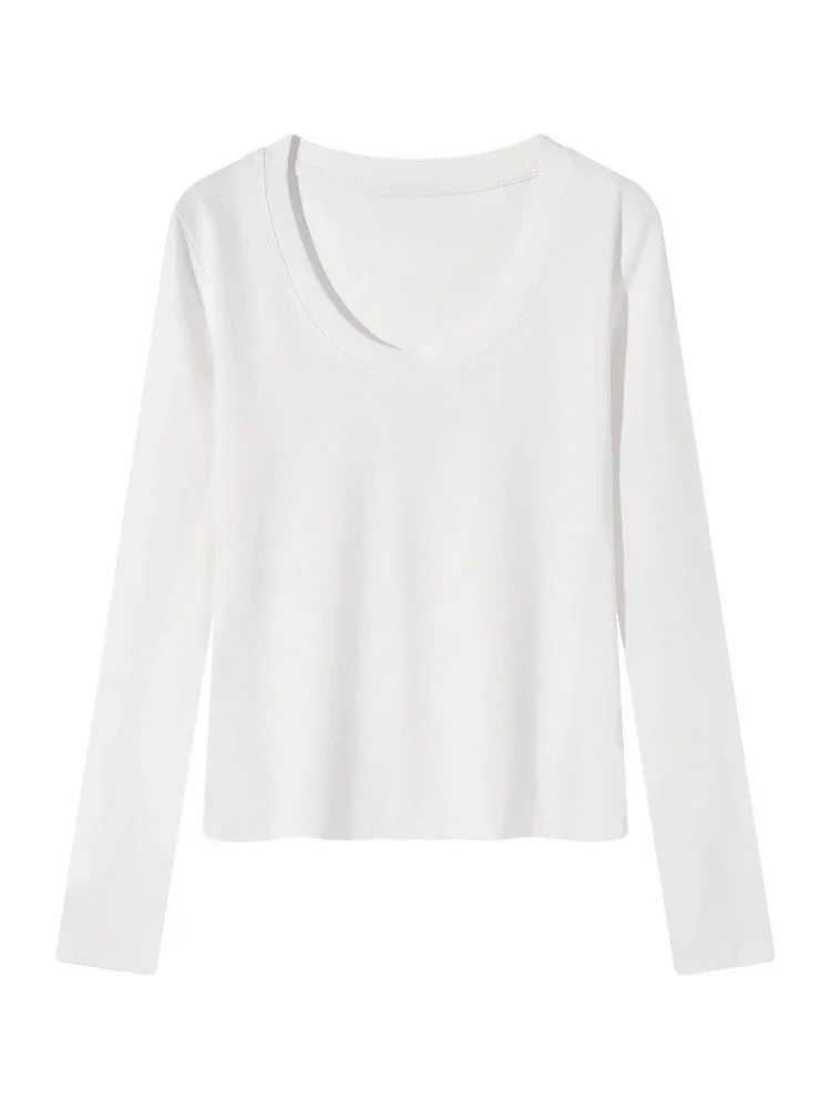 Koreanischer Stil Damen Herbst T-Shirt Langarm U-Ausschnitt Minimalistisches Einfarbiges Weiches Schlankes Basic-Layering-Oberteil Lässiges Strick-Top – Detail 1