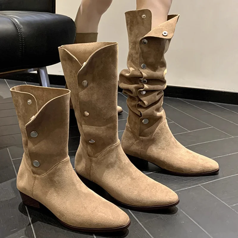 

Western Cowgirl Boots Women 2025 Mid Calf Stacked Boots Chunky Heel Fashion Riding Boots