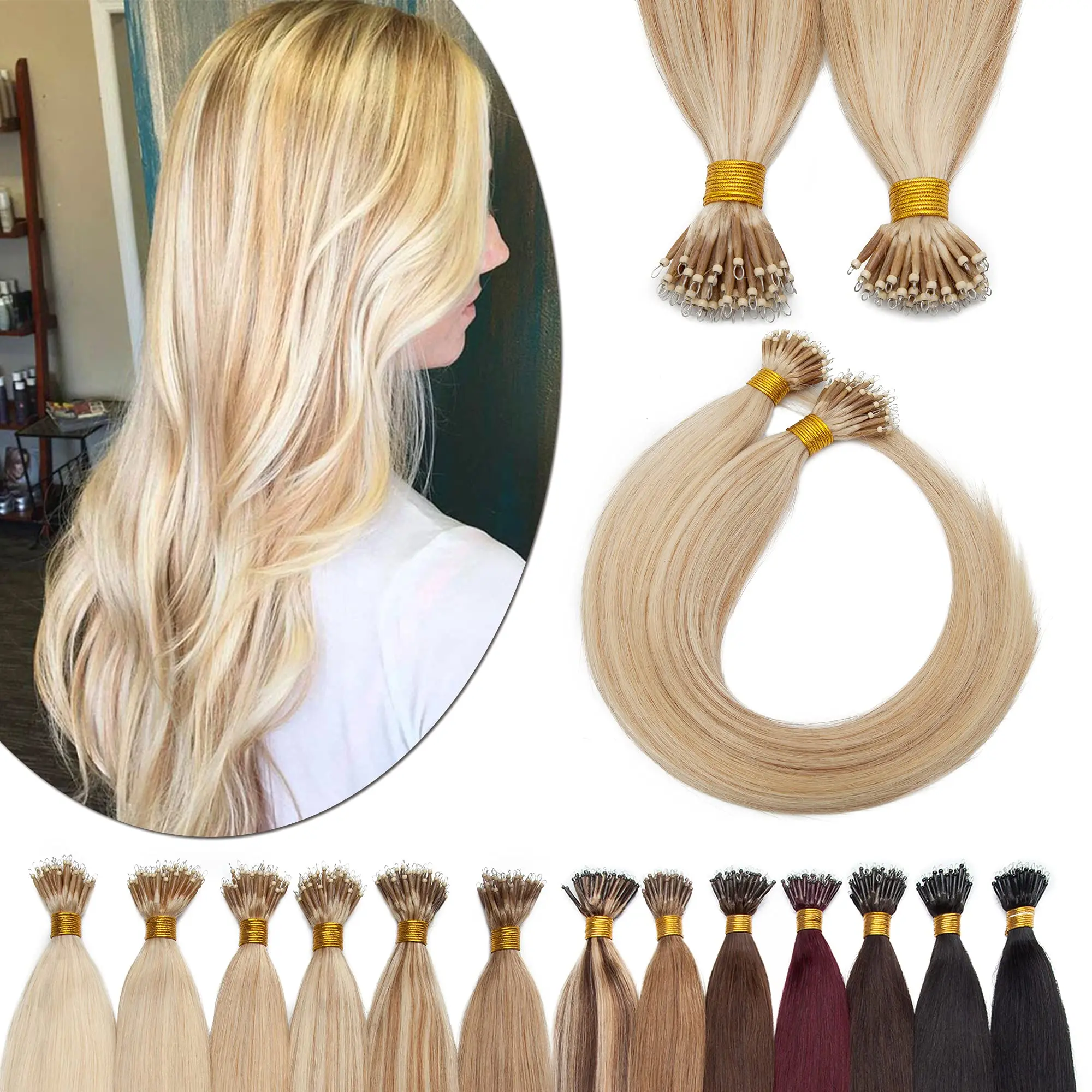 

100% Human Hair Nano Ring Hair Extensions Straight Weft With Small Metal Rings For Secure Damage Free Wear