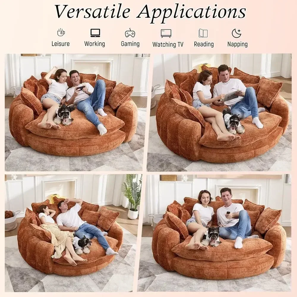 Extra Wide Round Chaise Lounge Chair for Indoor Sofa Bed, Comfortable Cloud Reading Couch for 2, with 14 Pillows (Orange) - view 6