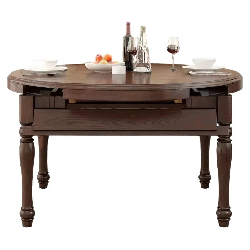 d7-1American country solid wood dining table home restaurant retractable folding round dining table and chair combination