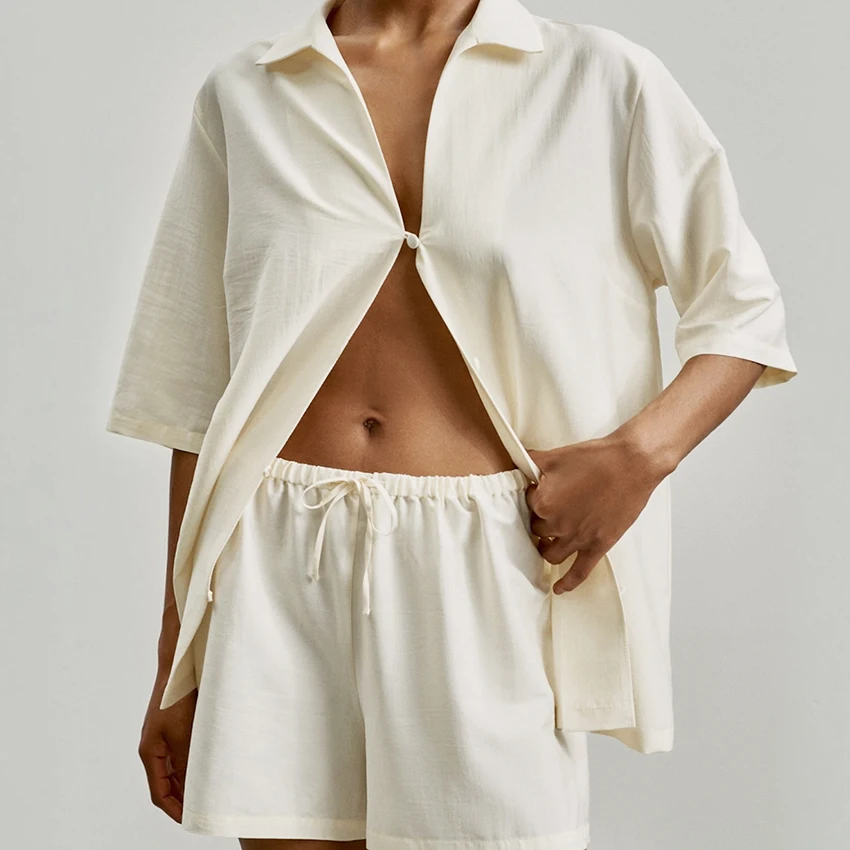 HiLoc Apricot Casual Home Woven Inelastic Ladies' Pajamas Two-Piece Short Sleeve Lapel Single-Breasted Top Elastic Waist Shorts